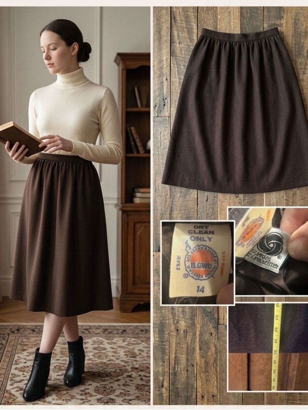 Vintage Evan-Picone Brown Wool Skirt ILGWU Union Made Size 14 (Fits Like 8/10)